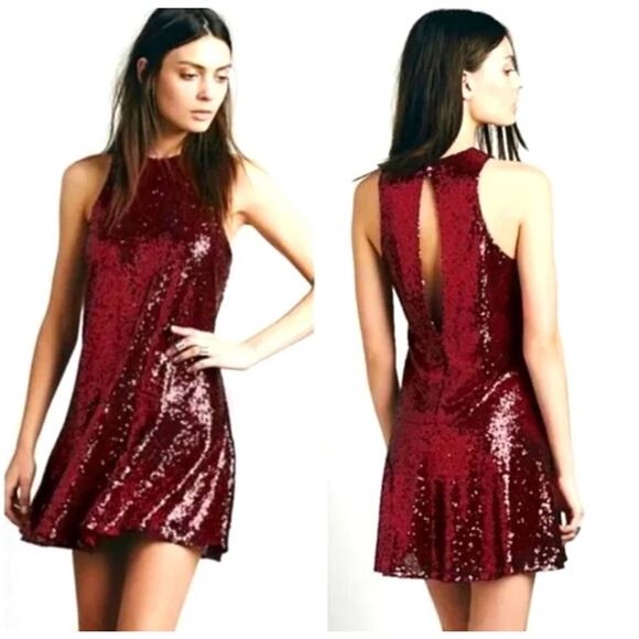 Free People High Neck Ruby Red Sequin Dress Burgundy Sleeveless Swing Mini Small - Picture 1 of 12